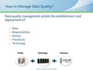 How to Manage Data Quality?




      People       Technology                                Processes




                 Preliminary Information Subject to Change
 
