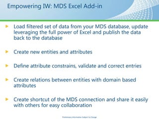 Empowering IW: MDS Excel Add-in




                 Preliminary Information Subject to Change
 