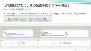 • tXMLMapで、Document型内のinパラメータ(文字列)を、Javaのjava.lang.Integer
型に変換
12
1行SELECTして、その結果を返すフロー(続き)
XMLからidの値を取り出す
 