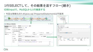 • 今回は簡略化のためjava.sql.PreparedStatementは不使用
13
1行SELECTして、その結果を返すフロー(続き)
tDBInputで、MySQLから1行検索する
 