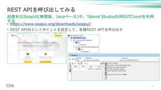 • https://www.soapui.org/downloads/soapui/
• REST APIのエンドポイントを設定して、各種REST APTを呼び出す
26
REST APIを呼び出してみる
超便利なSoapUI(無償版、Javaベース)や、Talend StudioのtRESTClientを利用
する
 