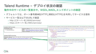 • デフォルトでは、ポート番号8040(HTTP),9001(HTTPS)を利用してサービスを提供
• サービス一覧は以下のURLで確認
o http://[サーバー名]:8040/services/
o https://[サーバー名]:9001/services/
36
Talend Runtime – デプロイ状況の確認
動作中のサービスの一覧表示や、WSDL,WADL,エンドポイントの確認
 