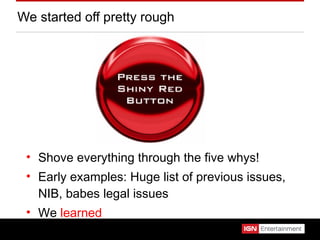 We started off pretty rough Shove everything through the five whys! Early examples: Huge list of previous issues, NIB, babes legal issues We  learned 
