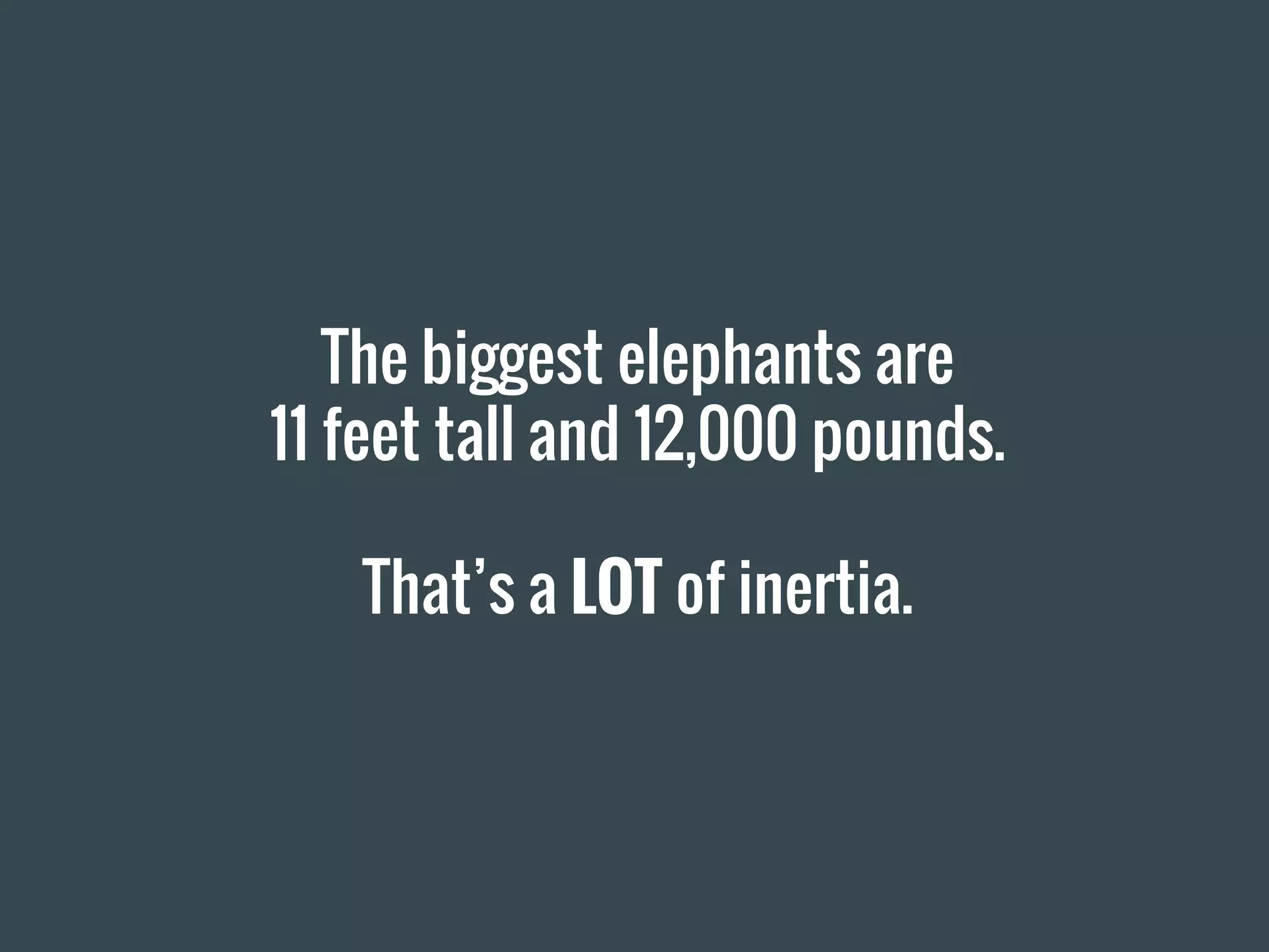 The biggest elephants are
11 feet tall and 12,000 pounds.
That’s a LOT of inertia.
 