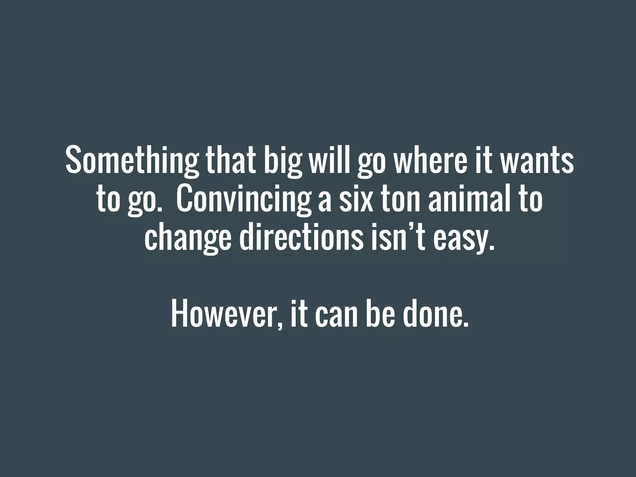 Something that big will go where it wants
to go. Convincing a six ton animal to
change directions isn’t easy.
However, it can be done.
 