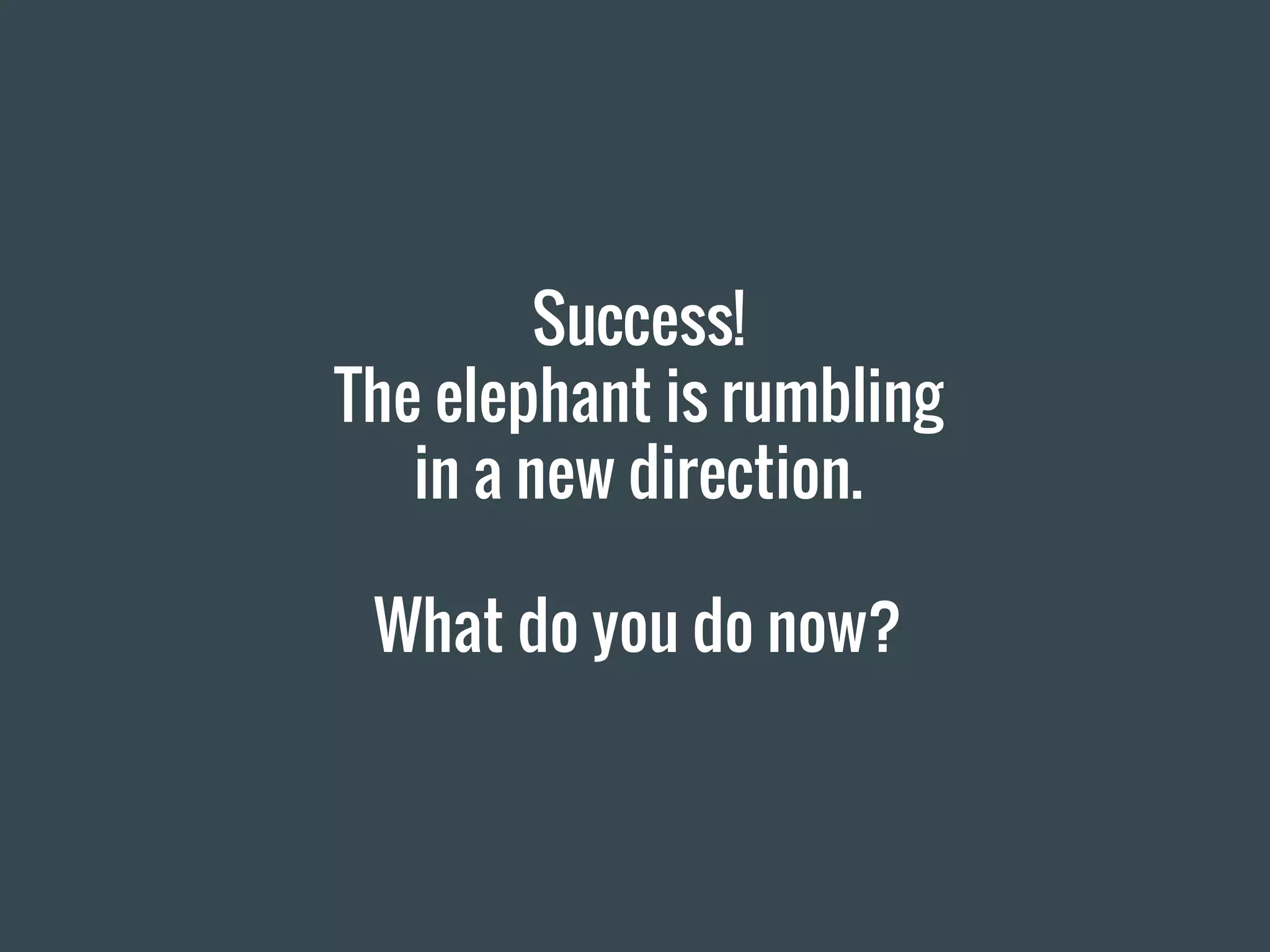 Success!
The elephant is rumbling
in a new direction.
What do you do now?
 