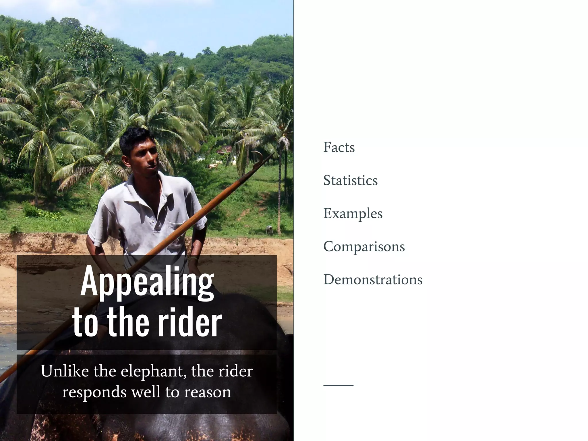 Appealing
to the rider
Unlike the elephant, the rider
responds well to reason
Facts
Statistics
Examples
Comparisons
Demonstrations
 