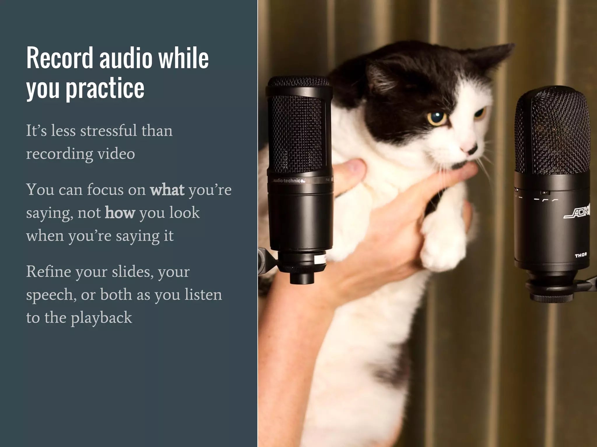 Record audio while
you practice
It’s less stressful than
recording video
You can focus on what you’re
saying, not how you look
when you’re saying it
Refine your slides, your
speech, or both as you listen
to the playback
 