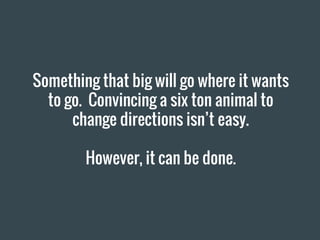 Something that big will go where it wants
to go. Convincing a six ton animal to
change directions isn’t easy.
However, it can be done.
 