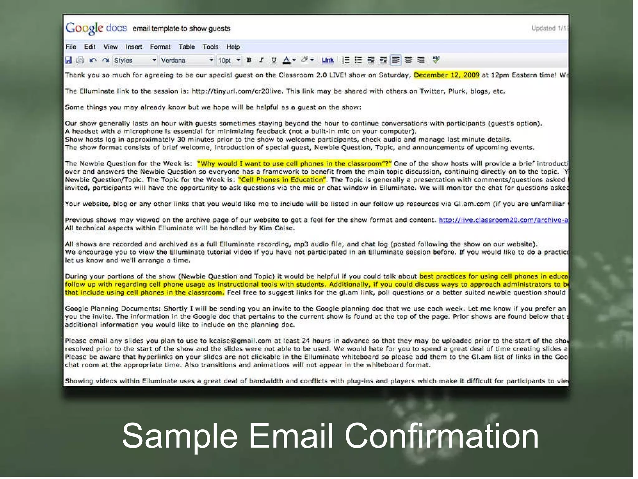 Sample Email Confirmation 
