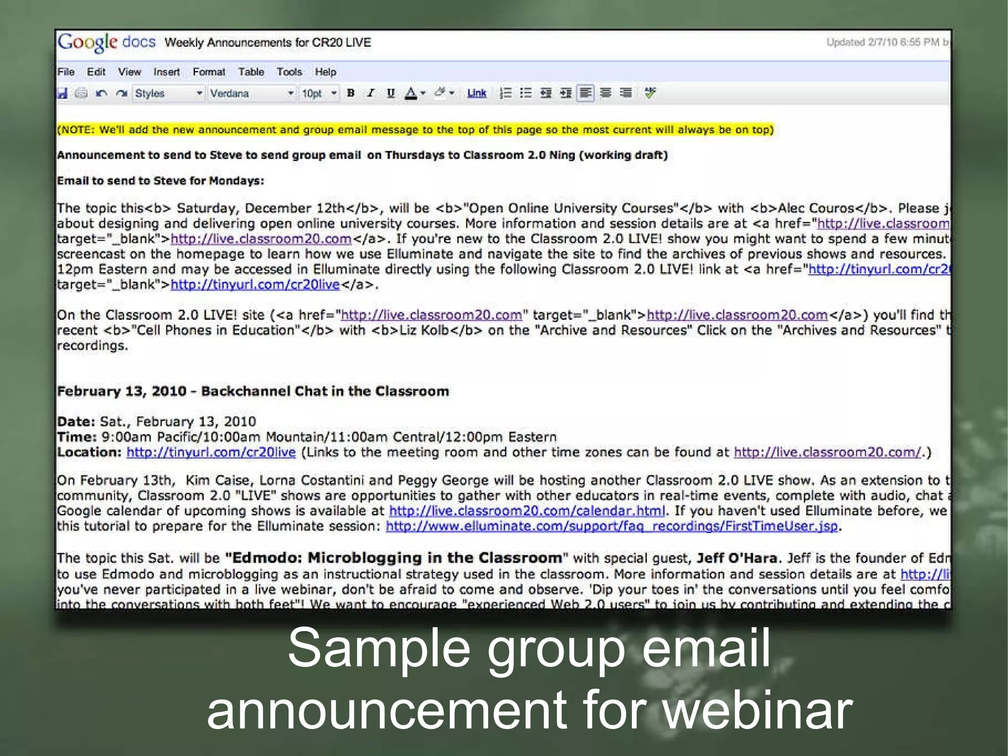 Sample group email announcement for webinar 