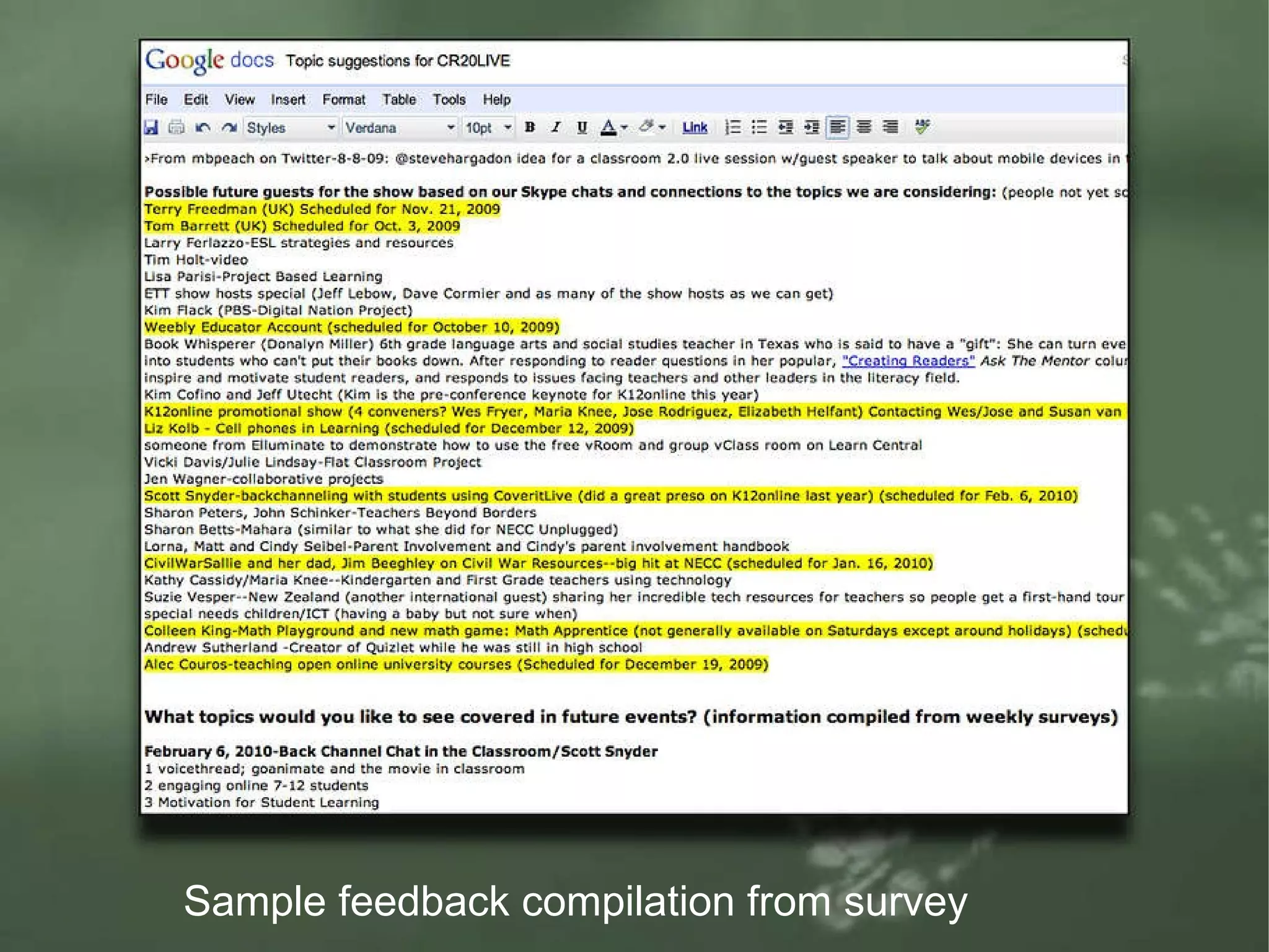 Sample feedback compilation from survey 