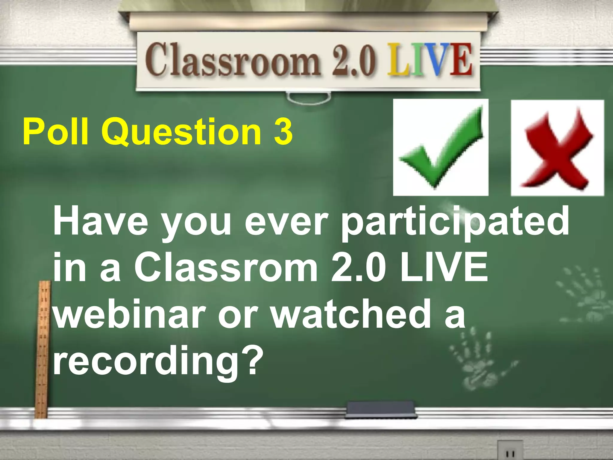 Poll Question 3            Have you ever participated in a Classrom 2.0 LIVE webinar or watched a recording? 
