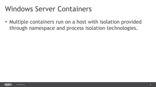 8CONFIDENTIAL
• Multiple containers run on a host with isolation provided
through namespace and process isolation technologies.
Windows Server Containers
 