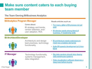 • Big data vendors should stop dissing
data warehouse systems
• Data visualization software deserves a
deep look before buying
The Team Owning BI/Business Analytics
Make sure content caters to each buying
team member
6©TechTarget
• BI architecture needs extensions to
meet new analytics demands
• Agile BII speeds development at Union
Bank
Reads articles such as:
• For many, glitter of BI process not yet
gold
• BI director needs strong blend of
business, IT leadership skills
BI/Analytics Program Manager
Cares about:
BI strategy and trends,
vendor selection, end-
user adoption, ROI.
BI Architect/Developer
Architecture and design
best practices, technology
functionality.
IT Manager Technology functionality,
systems management,
data integration
 