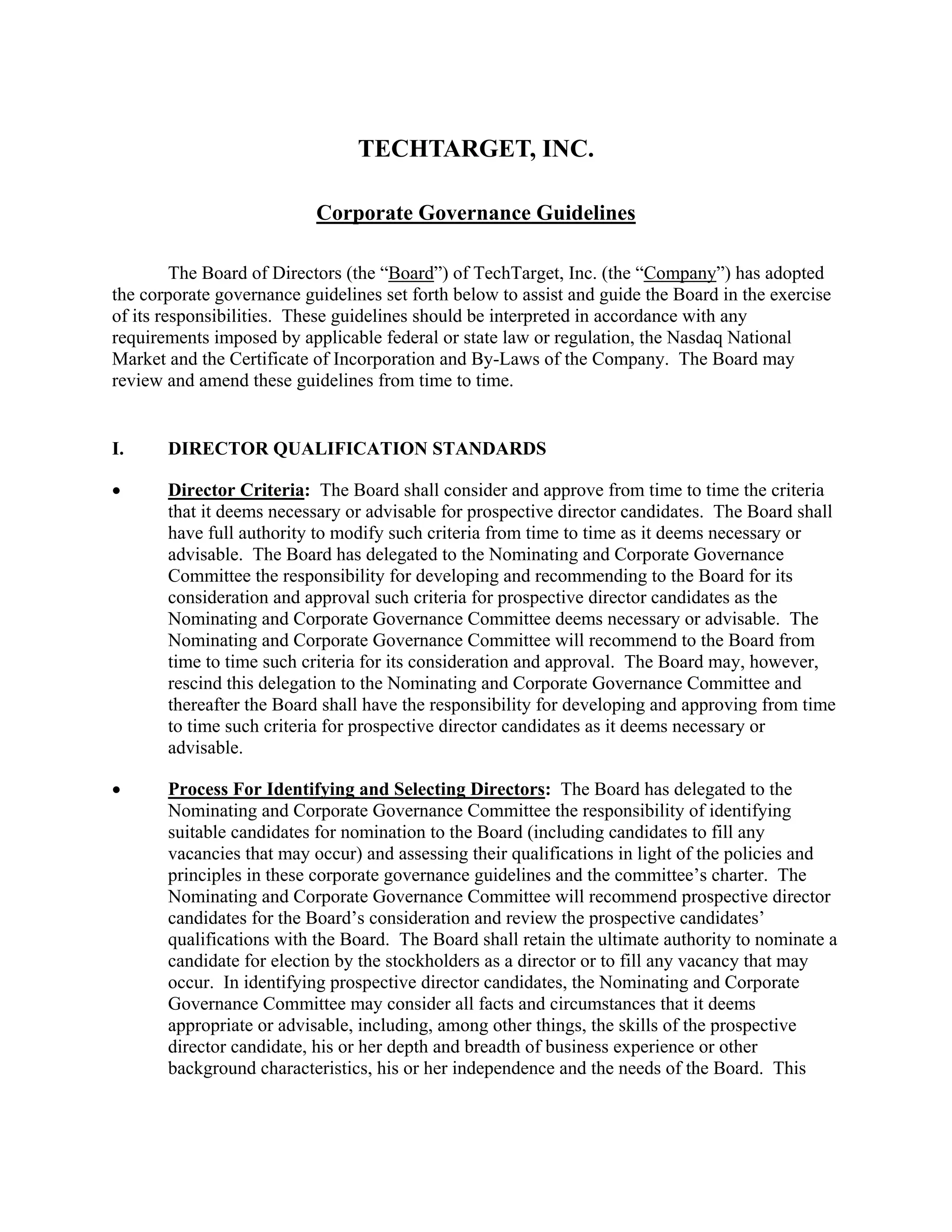 TechTarget Corporate Governance Corporate Governance Guidelines