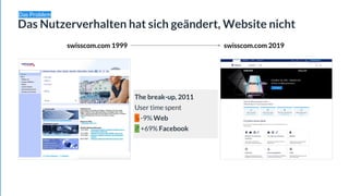 Das Problem
Das Nutzerverhalten hat sich geändert, Website nicht
swisscom.com 1999 swisscom.com 2019
The break-up, 2011
User time spent
↘ -9% Web
↗ +69% Facebook
 