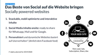 Das Beste von Social auf die Website bringen
Socially powered websites
1. Snackable, mobil optimierte und interaktive
Inhalte
2. Social Media Inhalte onsite: ready to share
für Whatsapp, Mail und für Google.
3. Personalisiert und dynamische Websites basiert
auf Userverhalten* (ähnlich dem Facebook feed)
Unser Ansatz
(*) alpha; planned for 2019/2020
 