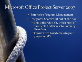 BusinessIntelligenceCollaborationPortalBusinessProcessContentManagementSearchMicrosoft Office SharePoint ServerWindowsSharePointServicesserver-based spreadsheets plus BI portals built on SSASe-mail, project management, version control blog and wikisportal aggregation, personalization, user site creationserver-based forms and workflow with smart client and browser interfacessearch people and domain specific business dataintegrated document, records and web content management