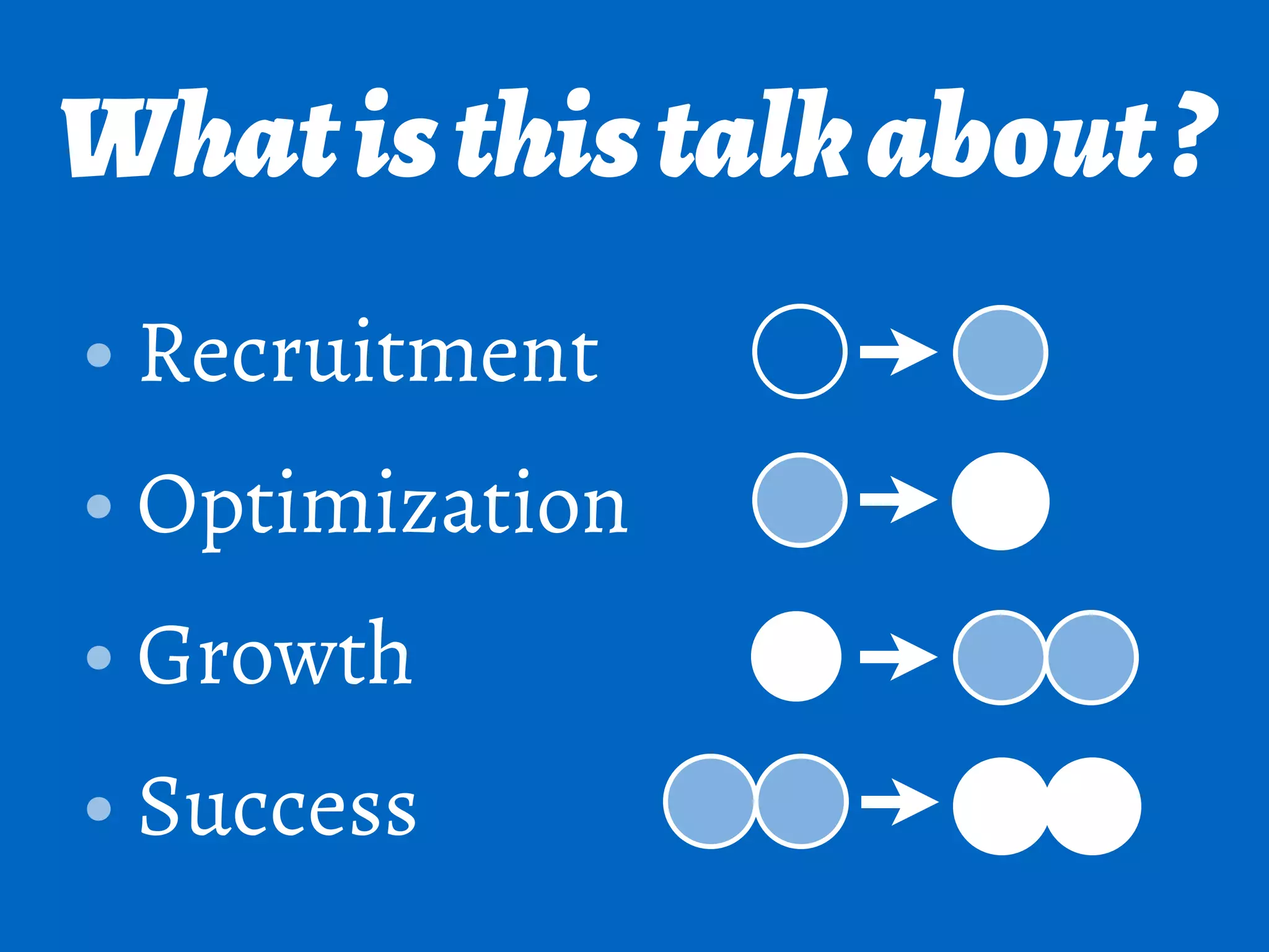 Whatisthistalkabout?
• Recruitment
• Optimization
• Growth
• Success
 