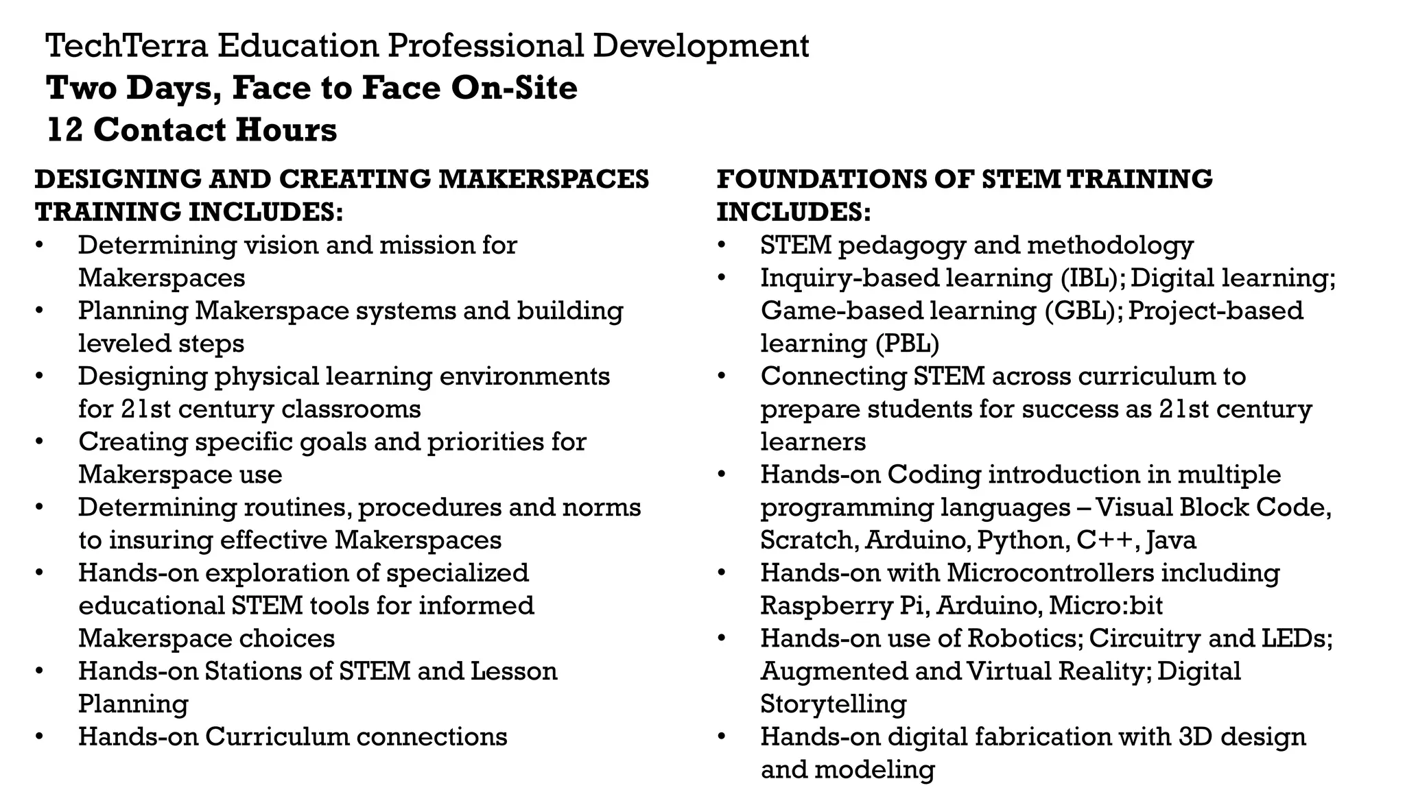 TechTerra Education Professional Development
Two Days, Face to Face On-Site
12 Contact Hours
DESIGNING AND CREATING MAKERSPACES
TRAINING INCLUDES:
• Determining vision and mission for
Makerspaces
• Planning Makerspace systems and building
leveled steps
• Designing physical learning environments
for 21st century classrooms
• Creating specific goals and priorities for
Makerspace use
• Determining routines, procedures and norms
to insuring effective Makerspaces
• Hands-on exploration of specialized
educational STEM tools for informed
Makerspace choices
• Hands-on Stations of STEM and Lesson
Planning
• Hands-on Curriculum connections
FOUNDATIONS OF STEM TRAINING
INCLUDES:
• STEM pedagogy and methodology
• Inquiry-based learning (IBL); Digital learning;
Game-based learning (GBL); Project-based
learning (PBL)
• Connecting STEM across curriculum to
prepare students for success as 21st century
learners
• Hands-on Coding introduction in multiple
programming languages – Visual Block Code,
Scratch, Arduino, Python, C++, Java
• Hands-on with Microcontrollers including
Raspberry Pi, Arduino, Micro:bit
• Hands-on use of Robotics; Circuitry and LEDs;
Augmented and Virtual Reality; Digital
Storytelling
• Hands-on digital fabrication with 3D design
and modeling
 