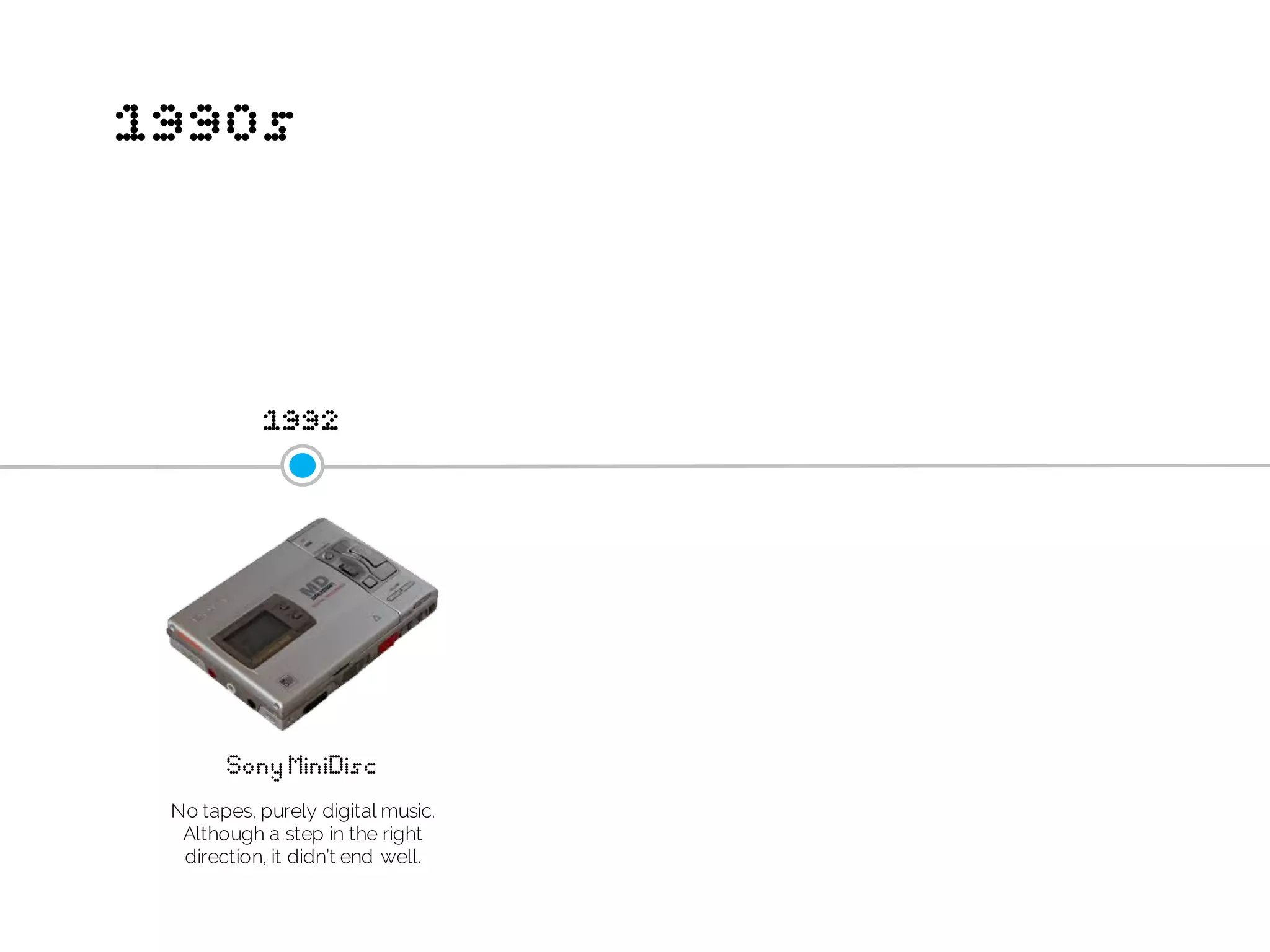 1990s
SonyMiniDisc
1992
No tapes, purely digital music.
Although a step in the right
direction, it didn’t end well.
 