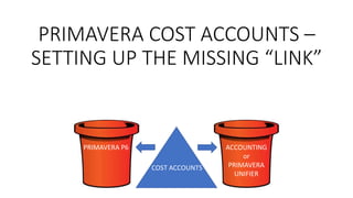 PRIMAVERA COST ACCOUNTS –
SETTING UP THE MISSING “LINK”
PRIMAVERA P6 ACCOUNTING
or
PRIMAVERA
UNIFIER
COST ACCOUNTS
 
