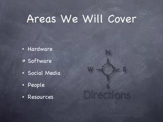 Areas We Will Cover Hardware Software Social Media People Resources 