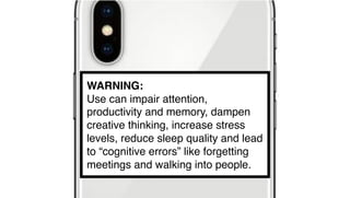 WARNING:
Use can impair attention,
productivity and memory, dampen
creative thinking, increase stress
levels, reduce sleep quality and lead
to “cognitive errors” like forgetting
meetings and walking into people.
 