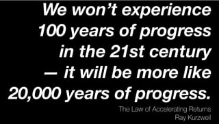 The Law of Accelerating Returns
Ray Kurzweil
We won’t experience
100 years of progress
in the 21st century
— it will be more like
20,000 years of progress.
 