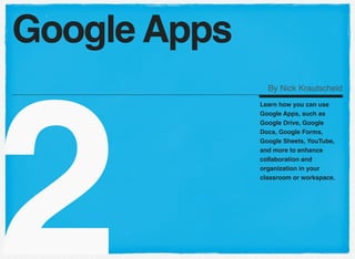 2
Learn how you can use
Google Apps, such as
Google Drive, Google
Docs, Google Forms,
Google Sheets, YouTube,
and more to enhance
collaboration and
organization in your
classroom or workspace.
Google Apps
By Nick Krautscheid
 