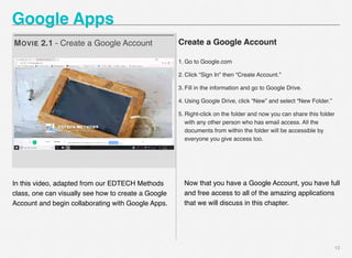 12
MOVIE 2.1 - Create a Google Account
Google Apps
Create a Google Account
1. Go to Google.com
2. Click “Sign In” then “Create Account.”
3. Fill in the information and go to Google Drive.
4. Using Google Drive, click “New” and select “New Folder.”
5. Right-click on the folder and now you can share this folder
with any other person who has email access. All the
documents from within the folder will be accessible by
everyone you give access too.
In this video, adapted from our EDTECH Methods
class, one can visually see how to create a Google
Account and begin collaborating with Google Apps.
Now that you have a Google Account, you have full
and free access to all of the amazing applications
that we will discuss in this chapter.
 