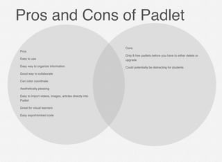 Pros
Easy to use
Easy way to organize information
Good way to collaborate
Can color coordinate
Aesthetically pleasing
Easy to import videos, images, articles directly into
Padlet
Great for visual learners
Easy export/embed code
Cons
Only 8 free padlets before you have to either delete or
upgrade
Could potentially be distracting for students
Pros and Cons of Padlet
 
