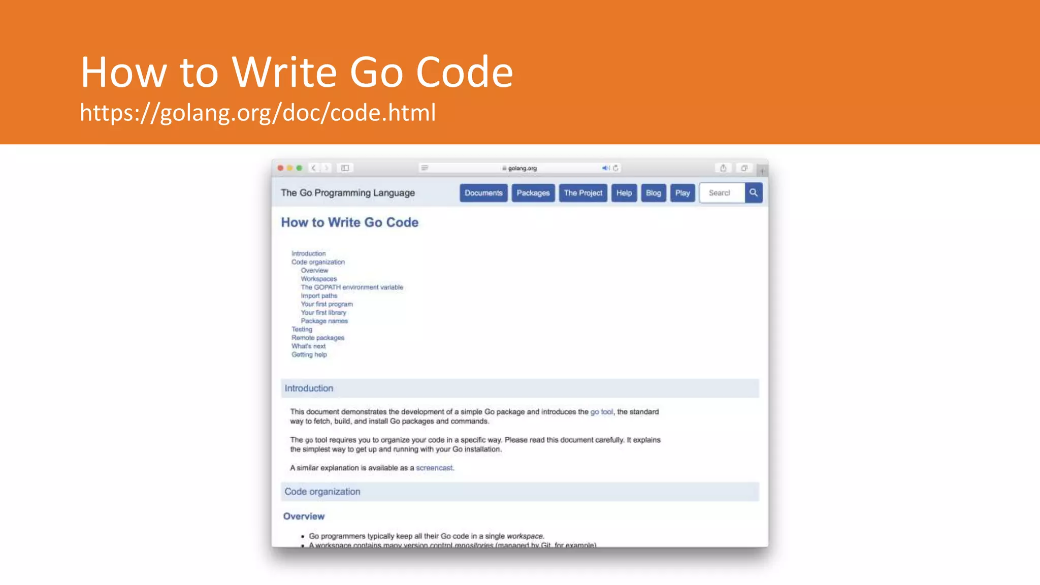 How to Write Go Code
https://golang.org/doc/code.html
 