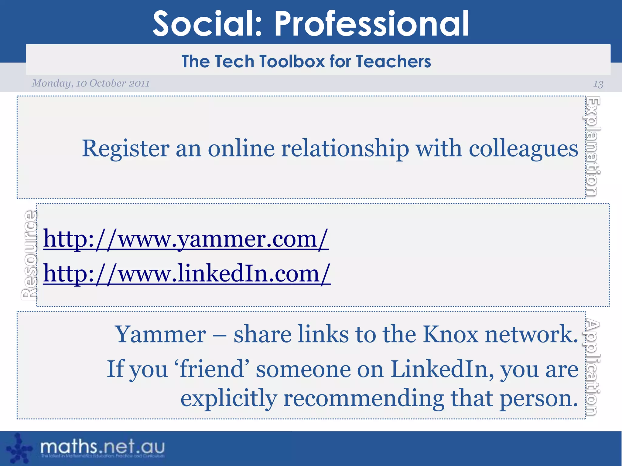 Social: Professional13Monday, 10 October 2011Register an online relationship with colleagueshttp://www.yammer.com/http://www.linkedIn.com/Yammer – share links to the Knox network.If you ‘friend’ someone on LinkedIn, you are explicitly recommending that person.