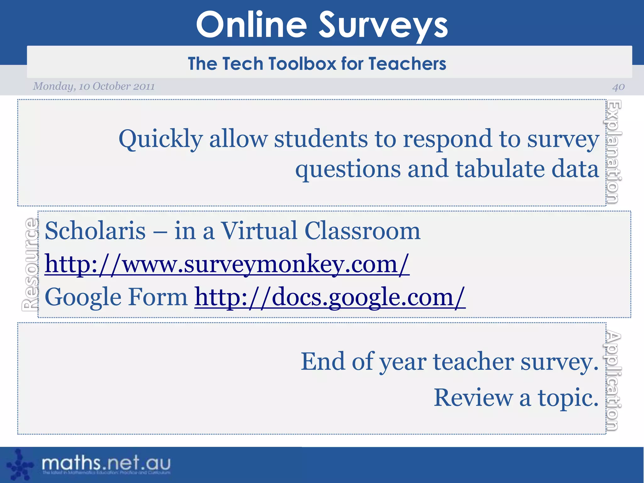 Online Surveys40Monday, 10 October 2011Quickly allow students to respond to survey questions and tabulate dataScholaris – in a Virtual Classroomhttp://www.surveymonkey.com/Google Form http://docs.google.com/End of year teacher survey.Review a topic.