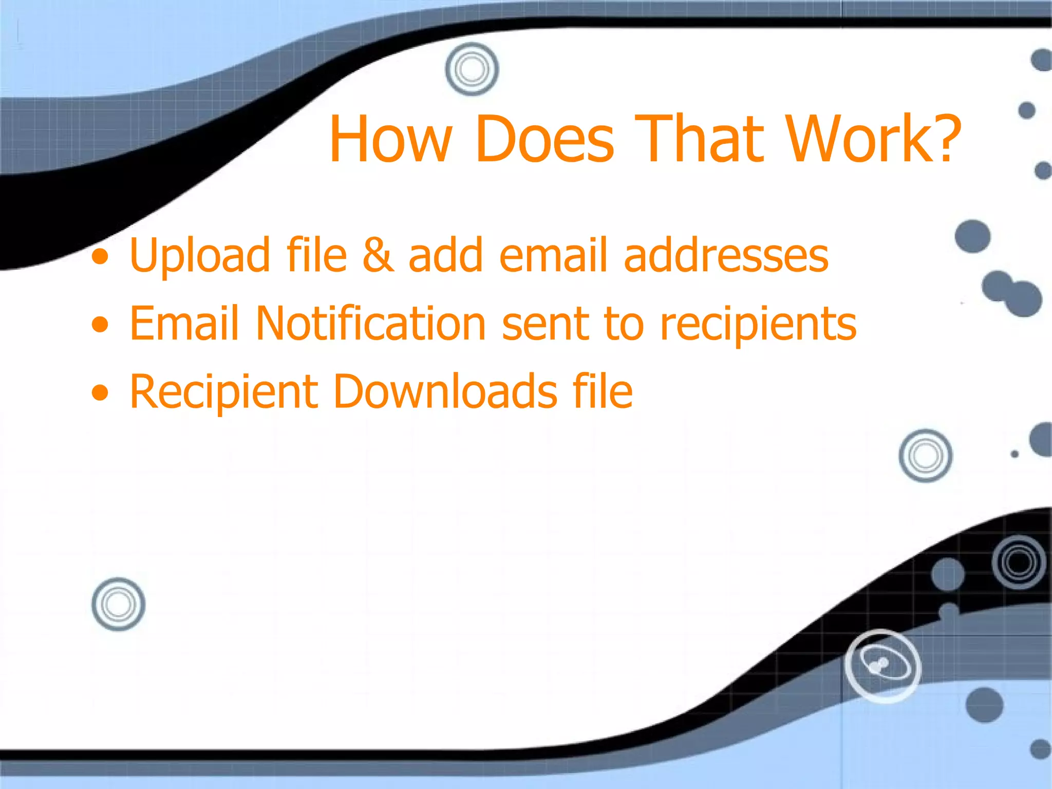 How Does That Work? Upload file & add email addresses Email Notification sent to recipients  Recipient Downloads file 