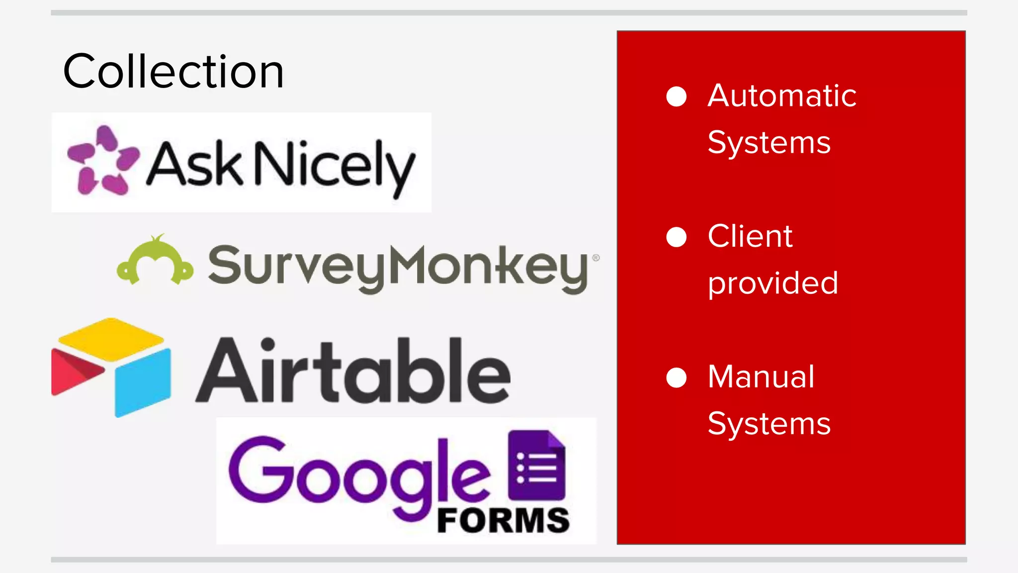 Collection ● Automatic
Systems
● Client
provided
● Manual
Systems
 