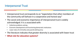 Interpersonal Trust
• Interpersonal trust corresponds to an “expectation that other members of
the community will behave in a cooperative and honest way”
• The social and economic importance of interpersonal trust is widely
acknowledged. It is a associated with:
• Collective problems solving
• Economic development and functioning democratic institutions
• Lower rates of criminality and juvenile delinquency
• The literature indicates that greater diversity is associated with lower trust
• What role for education systems?
 