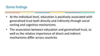 Some findings
• At the individual level, education is positively associated with
generalised trust both directly and indirectly through social
sorting and cognitive mechanisms
• The association between education and generalised trust, as
well as the relative importance of direct and indirect
mechanisms differ across countries
 
