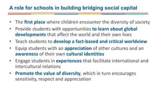 • The first place where children encounter the diversity of society
• Provide students with opportunities to learn about global
developments that affect the world and their own lives
• Teach students to develop a fact-based and critical worldview
• Equip students with an appreciation of other cultures and an
awareness of their own cultural identities
• Engage students in experiences that facilitate international and
intercultural relations
• Promote the value of diversity, which in turn encourages
sensitivity, respect and appreciation
A role for schools in building bridging social capital
 