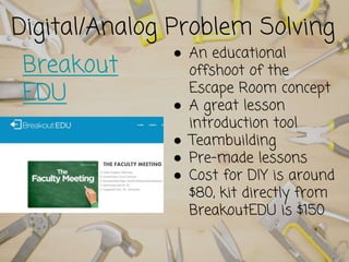 Digital/Analog Problem Solving
Breakout
EDU
● An educational
offshoot of the
Escape Room concept
● A great lesson
introduction tool
● Teambuilding
● Pre-made lessons
● Cost for DIY is around
$80, kit directly from
BreakoutEDU is $150
 
