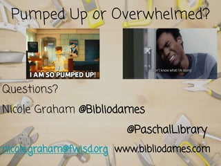 Questions?
Nicole Graham @Bibliodames
@PaschalLibrary
nicole.graham@fwisd.org www.bibliodames.com
Pumped Up or Overwhelmed?
 