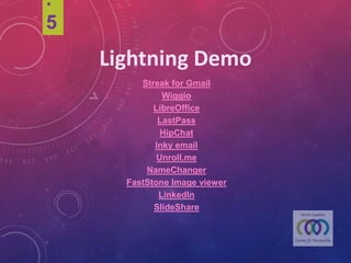 .5
Lightning	Demo
Streak for Gmail
Wiggio
LibreOffice
LastPass
HipChat
Inky email
Unroll.me
NameChanger
FastStone Image viewer
LinkedIn
SlideShare
 