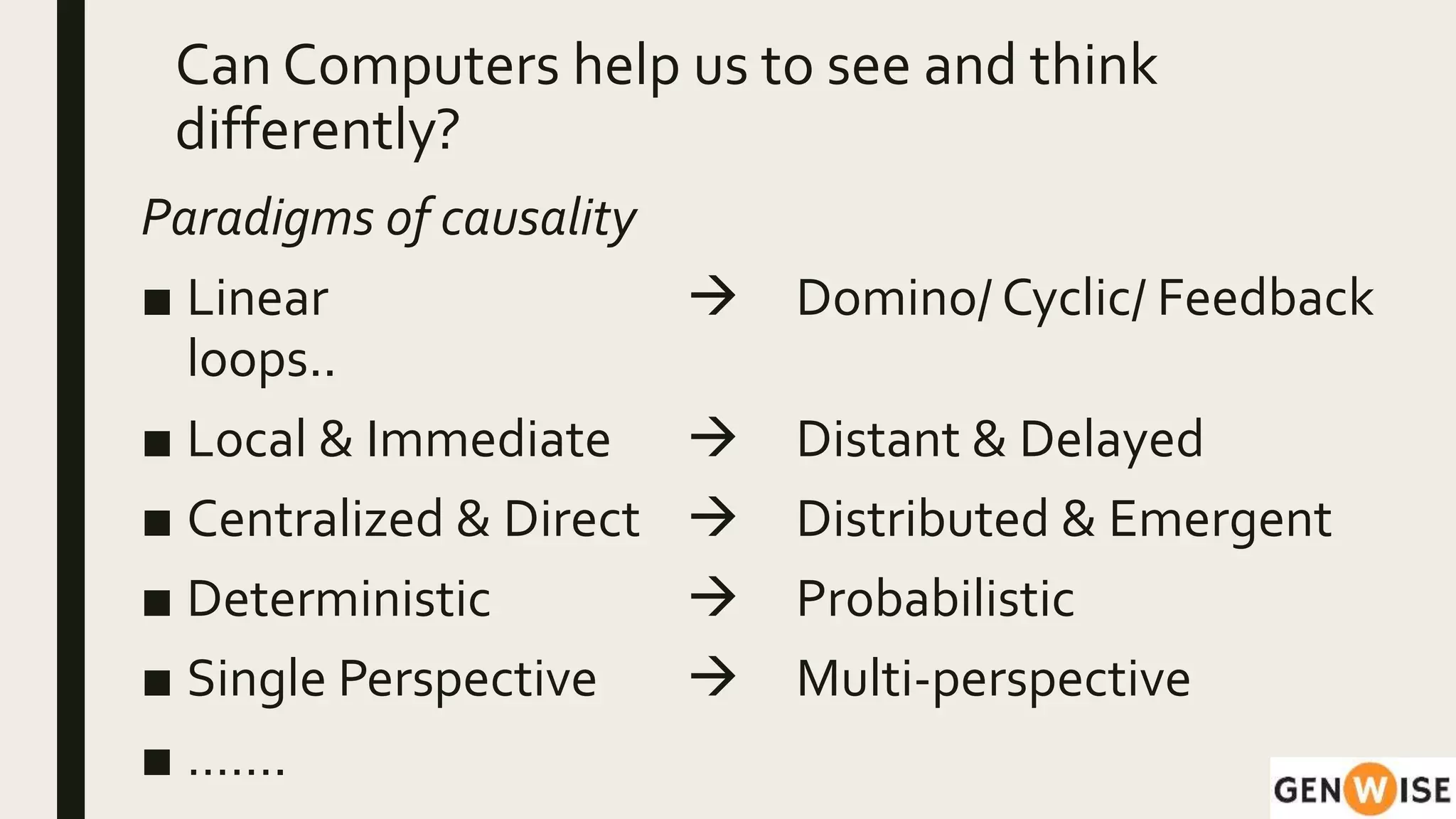 Can Computers help us to see and think
differently?
Paradigms of causality
■ Linear  Domino/ Cyclic/ Feedback
loops..
■ Local & Immediate  Distant & Delayed
■ Centralized & Direct  Distributed & Emergent
■ Deterministic  Probabilistic
■ Single Perspective  Multi-perspective
■ …….
 