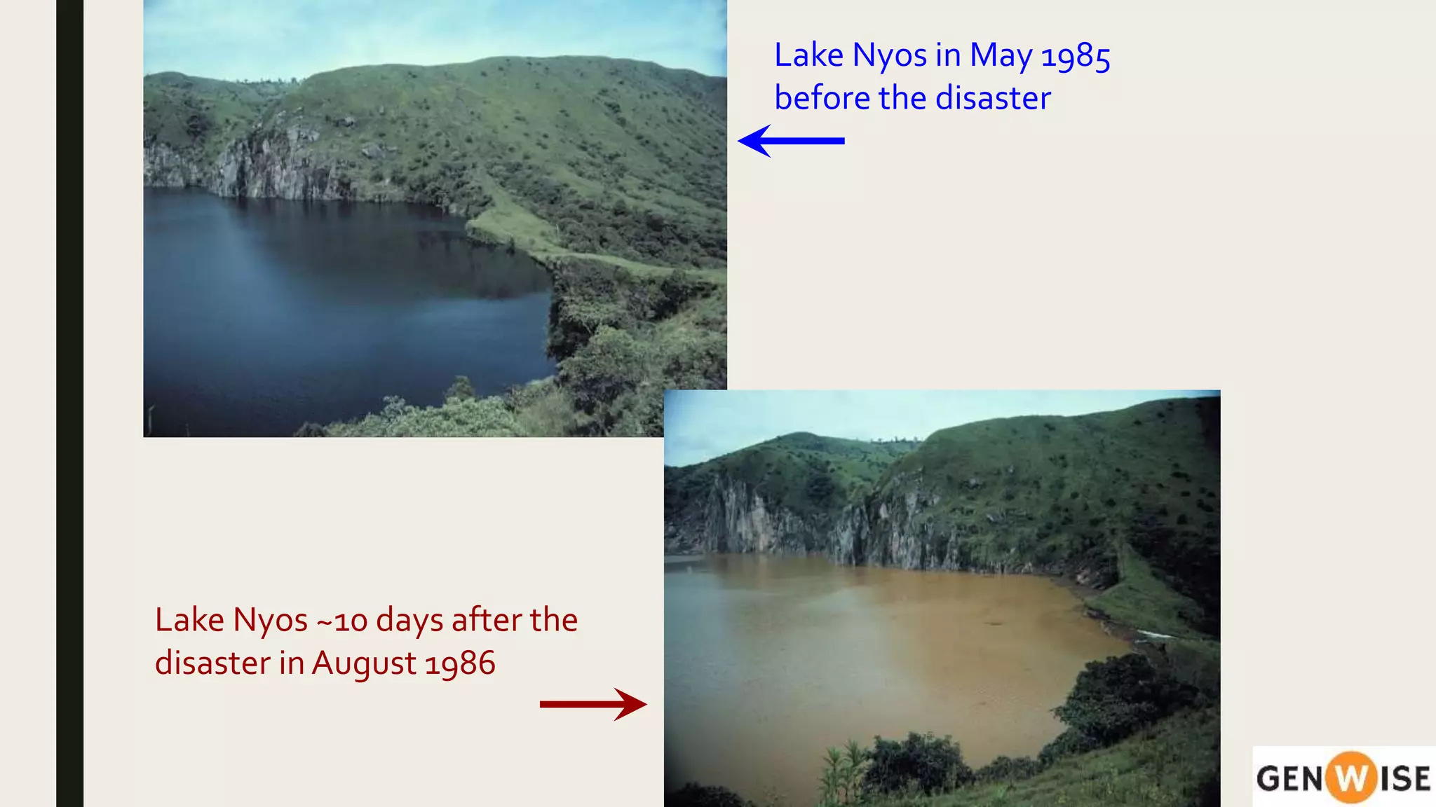 Lake Nyos in May 1985
before the disaster
Lake Nyos ~10 days after the
disaster in August 1986
 