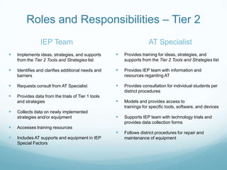 Roles and Responsibilities – Tier 2
                IEP Team                                             AT Specialist
   Implements ideas, strategies, and supports         Provides training for ideas, strategies, and
    from the Tier 2 Tools and Strategies list           supports from the Tier 2 Tools and Strategies list

   Identifies and clarifies additional needs and      Provides IEP team with information and
    barriers                                            resources regarding AT

   Requests consult from AT Specialist                Provides consultation for individual students per
                                                        district procedures
   Provides data from the trials of Tier 1 tools
    and strategies                                     Models and provides access to
                                                        trainings for specific tools, software, and devices
   Collects data on newly implemented
    strategies and/or equipment                        Supports IEP team with technology trials and
                                                        provides data collection forms
   Accesses training resources
                                                       Follows district procedures for repair and
   Includes AT supports and equipment in IEP           maintenance of equipment
    Special Factors
 