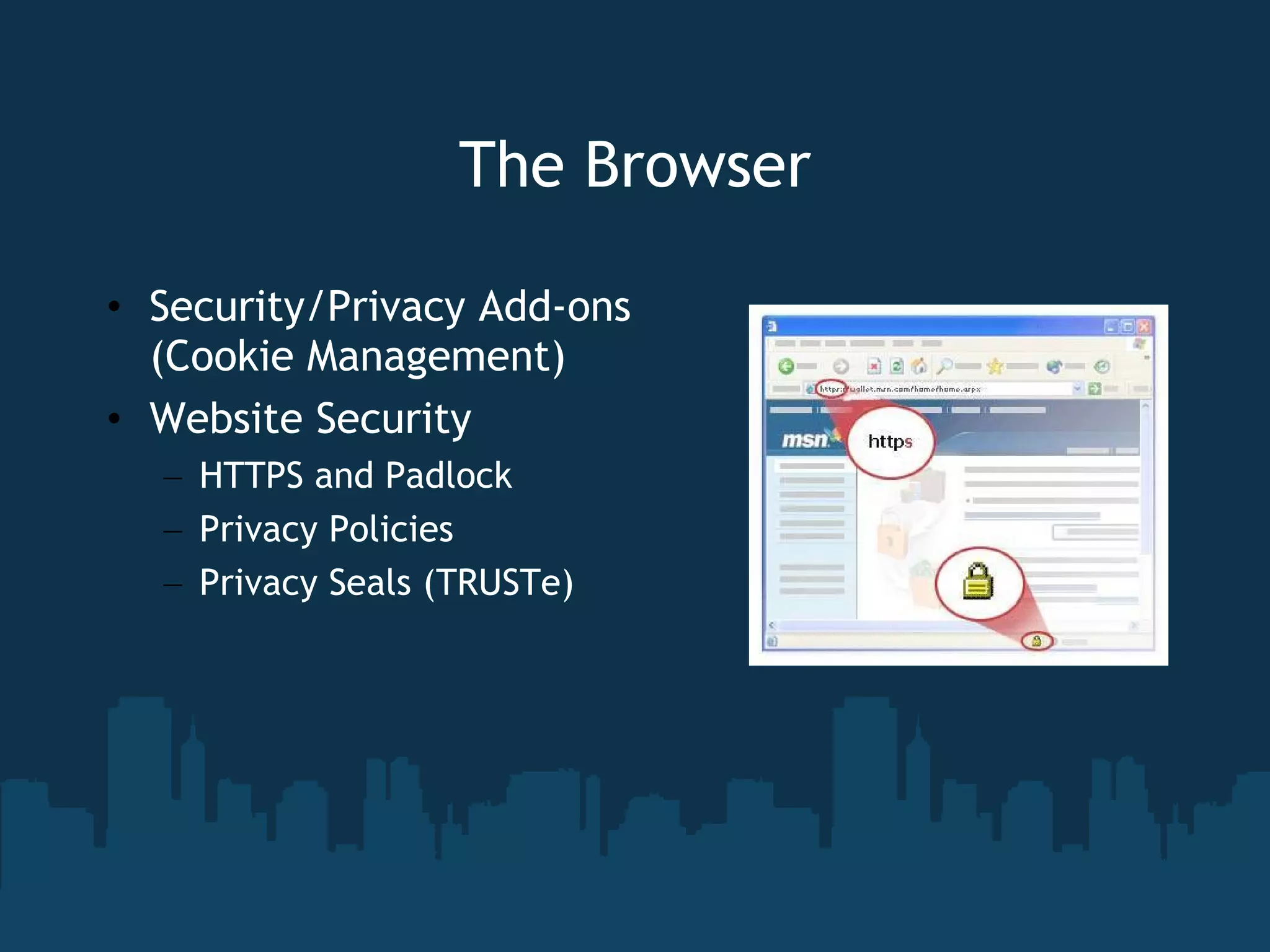 The Browser Security/Privacy Add-ons (Cookie Management) Website Security HTTPS and Padlock Privacy Policies Privacy Seals (TRUSTe) 