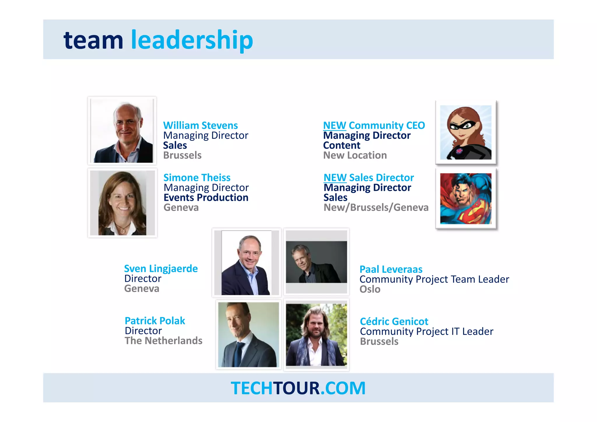 stuemamm laerayd fearcsthsi p 
William Stevens 
Managing Director 
Sales 
Brussels 
NEW Community CEO 
Managing Director 
Content 
New Location 
Simone Theiss 
Managing Director 
Events Production 
Geneva 
NEW Sales Director 
Managing Director 
Sales 
Ge e a New/Brussels/Geneva 
Sven Lingjaerde 
Director 
Geneva 
Paal Leveraas 
Community Project Team Leader 
Oslo 
Patrick Polak 
Director 
The Netherlands 
Cédric Genicot 
Community Project IT Leader 
Brussels 
TECHTOUR.COM 
 