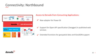 38
New adapter for Power BI
Support for Open API specification (Swagger) in published web
services
Extended functions for geospatial data and GeoJSON support
Access to Denodo from Consuming Applications:
Connectivity: Northbound
 